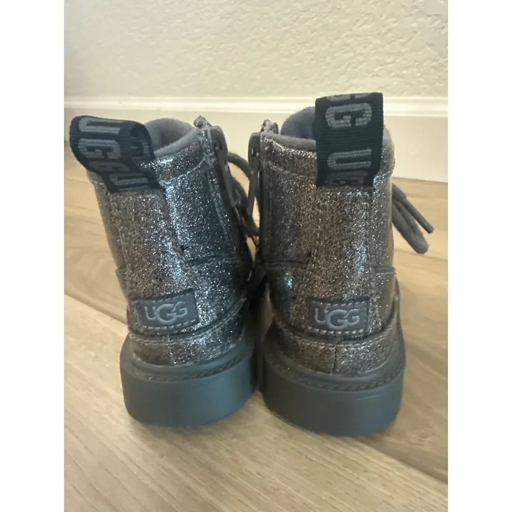 UGG Robley Glitter Boots Toddler Girls Sz 6 Gray Combat Boots Side Zip